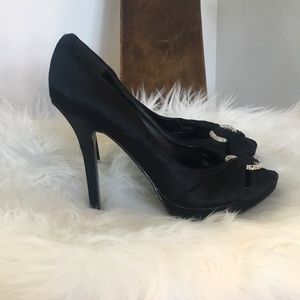 Aldo Black satin open toe pumps with diamond ring